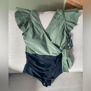 Classic Wrap One-Piece Swimsuit in Sage Green and Black